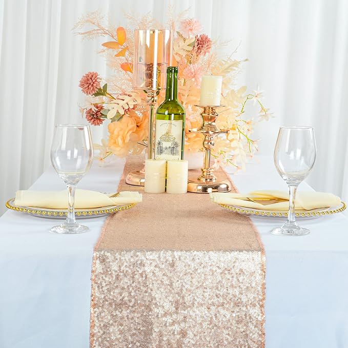 ShinyBeauty 12x72-Inch Rectangle-Champagne-Sequin Table Runner- - Image 4