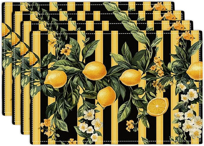 Lemon Placemats Set of 4, Yellow Lemon Place Mats, Fruit Waterproof Washable Table Mats for Home Party Indoor Kitchen Dining Table Decoration 12x18 Inch