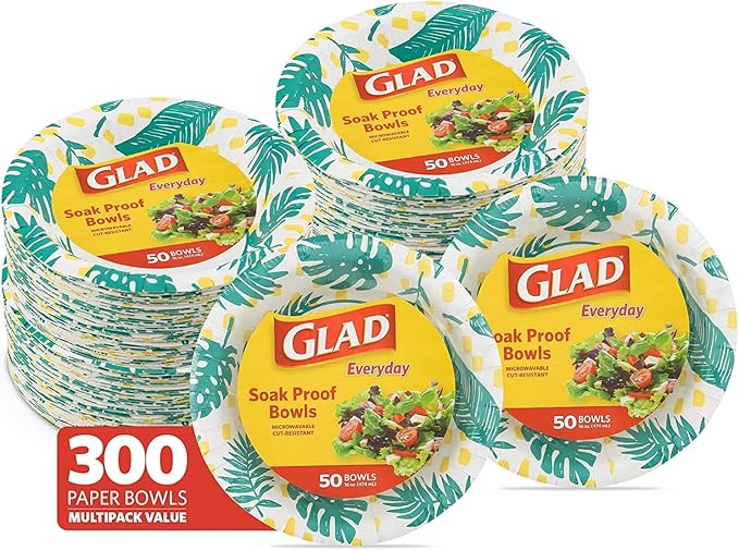Glad Round Disposable Paper Bowls, Palm Leaves, 16 Oz, soak-proof and by GladTrashFoodStorage