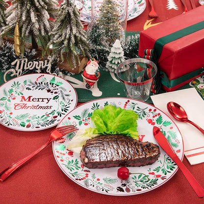 bUCLA 175PCS Christmas Plates Dinnerware Set - Green and Red Christmas Plastic Plates and Napkins Disposable Include 25 Dinner Plates,25 Dessert Plates,75 Cutlery,25 Cups&25 Napkins