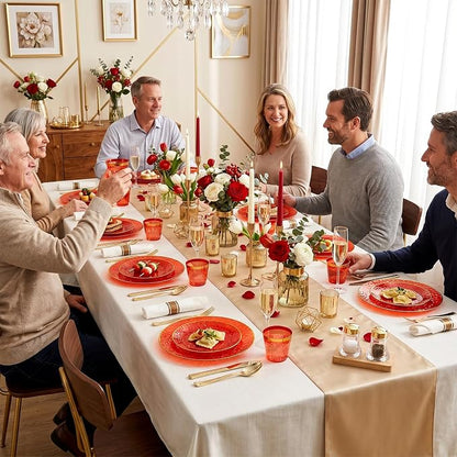 Rubtlamp 700Pcs Red Gold Plastic Dinnerware Set, Hammered Red Gold Plates - Image 8