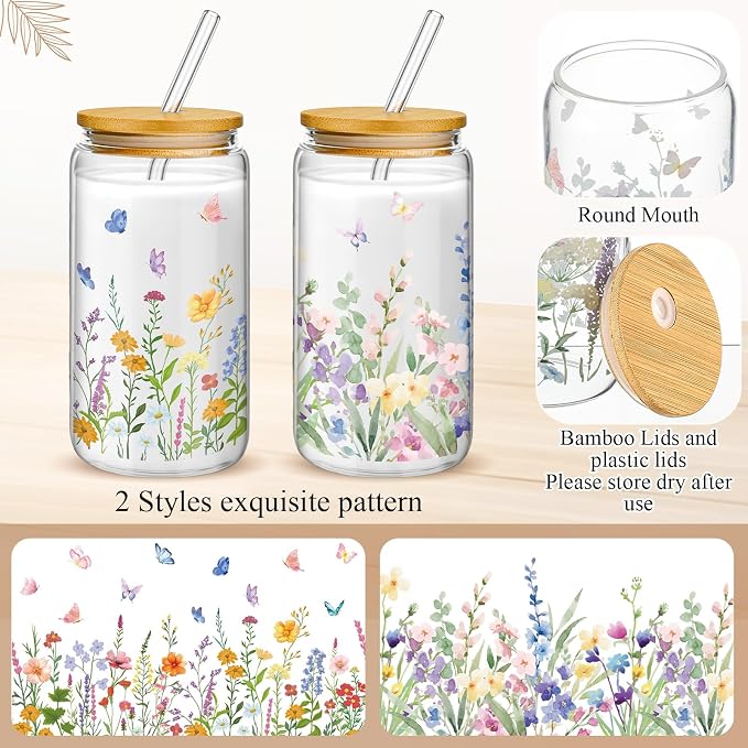 Mumufy 2 Pack Wildflower Glass Cups Gift Aesthetic Cute Glass Cup Tumbler - Image 3