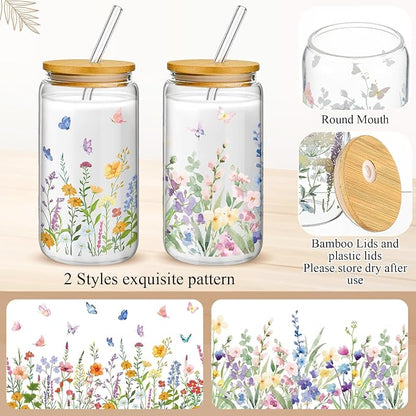 Mumufy 2 Pack Wildflower Glass Cups Gift Aesthetic Cute Glass Cup Tumbler - Image 3
