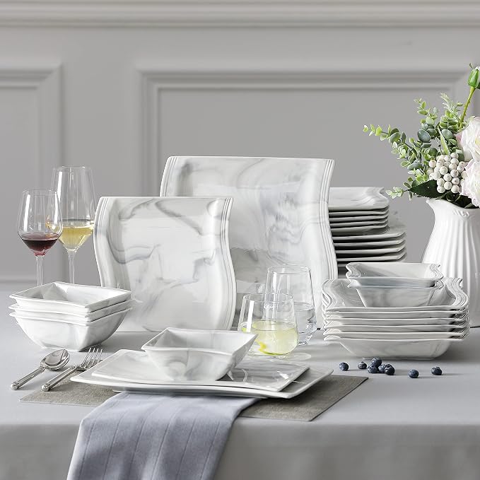 MALACASA 26-Piece Marble Grey Square Dinnerware Sets, Flora Porcelain Dinner Set - Image 8