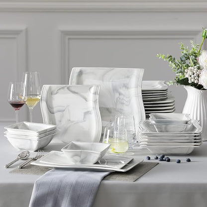 MALACASA 26-Piece Marble Grey Square Dinnerware Sets, Flora Porcelain Dinner Set - Image 8