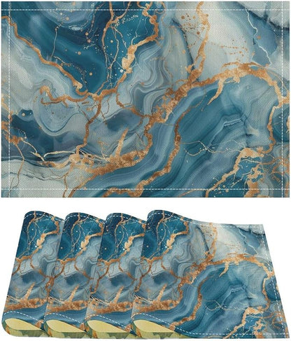 Marble Linen Placemats Set of 4, Modern Abstract Foil Stone Texture Gold Blue Marble Washable Place Mats, Non Slip Placemat for Home Party Dining Tables Wedding Kitchen Banquets Decor 12x17 Inch