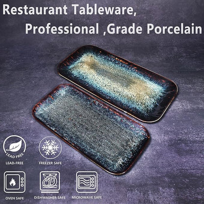 Porcelain Dinner Plates Platters Set of 2, for Fruit, dessert, snack platter, Bread, cupcake, Salad - Microwave, Dishwasher Safe, Scratch Resistant durable, Black Reactive glaze