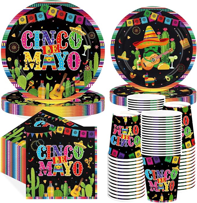 250Pcs Cinco De Mayo Decorations Mexican Fiesta Plates and Napkins Black Mexico by Greencian