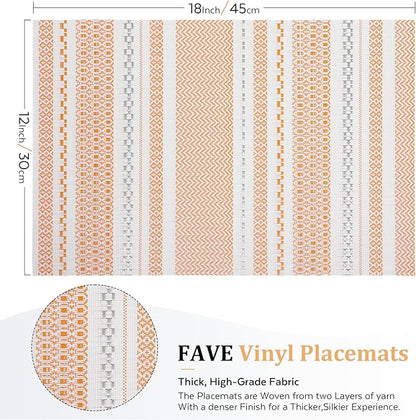 FAVE Boho Vinyl Placemats Set of 4, Durable Woven Place Mats Washable Heat Resistant PVC Table Mats for Parties,Weddings, Dining,Banquet(Orange, 4PCS)