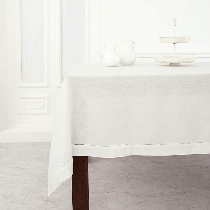 Solino Home White Linen Tablecloth 60 x 120 Inch - 100% Pure Linen Hemstitch Table Cloth for Rectangle Tables - Classic Hemstitch, Machine Washable Tablecloth for Winter, Valentines, Spring, Easter