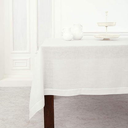 Solino Home Linen Tablecloth for Rectangle Tables 60 x 84 Inch - Classic Hemstitch 100% Pure Linen White Table Cloth - Machine Washable Cloth Tablecloth for Winter, Valentines, Spring, Easter