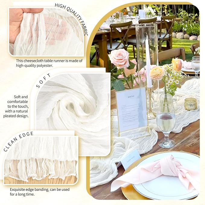 Showgeous 2 Pack Ivory White Cheesecloth Table Runners Boho Wedding Decor | - Image 3