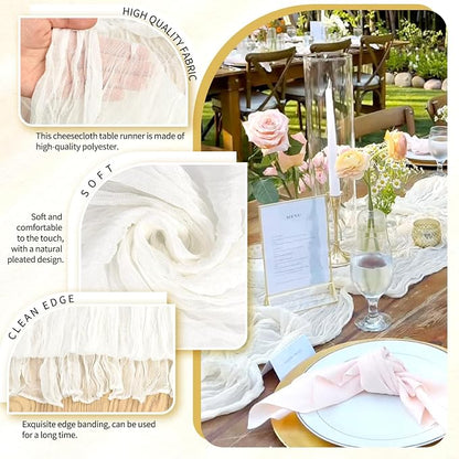 Showgeous 2 Pack Ivory White Cheesecloth Table Runners Boho Wedding Decor | - Image 3