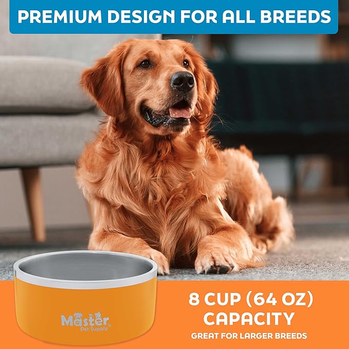 Master Pet Supply Stainless Steel Dog Bowls - 64 oz, Heavy Duty - Mango Tango, Double Wall Extra-Thick Insulated, Non-Slip Pet Water Bowl for Dogs, Cats & Pets, Anti Rust Metal, Dish Washer Safe