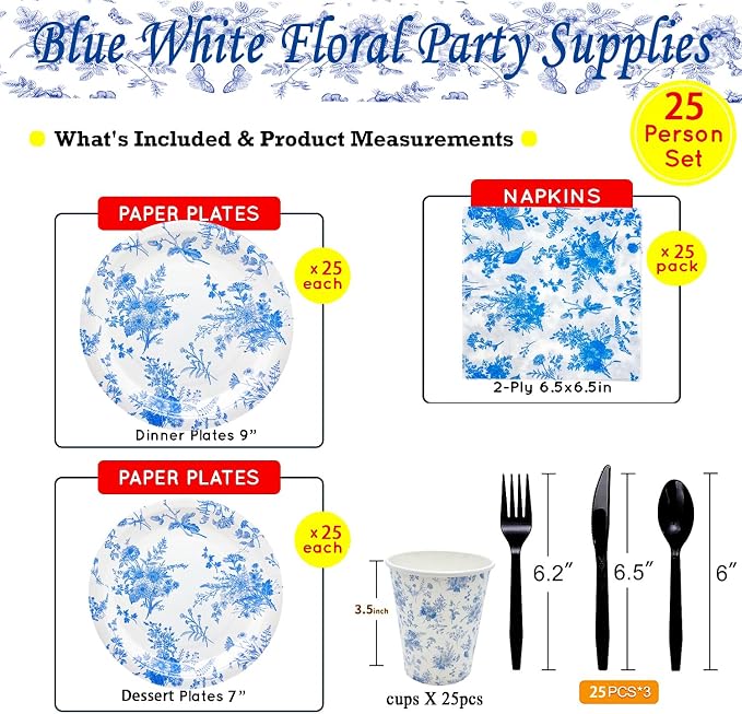 175Pcs Blue Floral Party Supplies Set 9"& 7"Blue White Floral Plates Napkins - Image 4