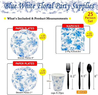 175Pcs Blue Floral Party Supplies Set 9"& 7"Blue White Floral Plates Napkins - Image 4