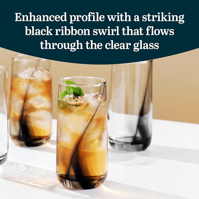 16 Oz Ascent Black Ribbon Drinking Glasses Set of 8 | Modern Black Ribbon Design - Image 4