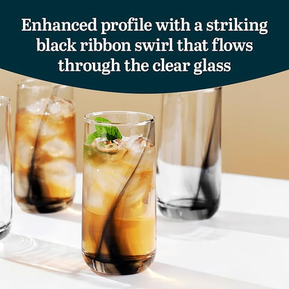16 Oz Ascent Black Ribbon Drinking Glasses Set of 8 | Modern Black Ribbon Design - Image 4