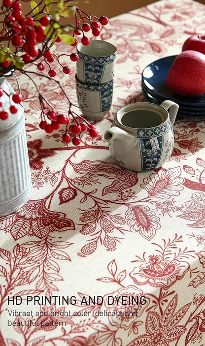 ISAENNE Designer French Linen Long Rectangle Tablecloth,Red Floral Washable Indoor Table Cloth,Durable Home Decor Tablecloths for Dining Thanksgiving Kitchen Party Christmas,63"*94"-Ruyi A