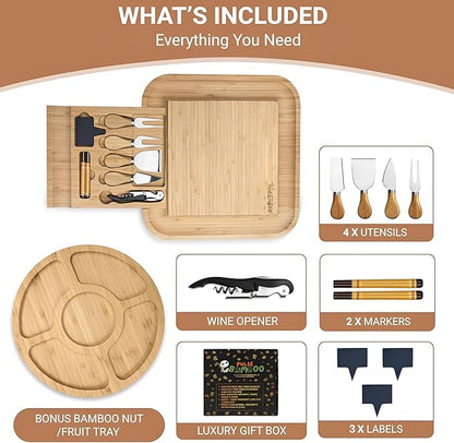 Charcuterie Board Set – Includes Slide-Out Drawer, Complete Hosting Kit with Stainless Utensils, Wine Opener, Slate Labels & Snack Tray – Ideal Gift for Housewarming & Wedding – 13pcs Set