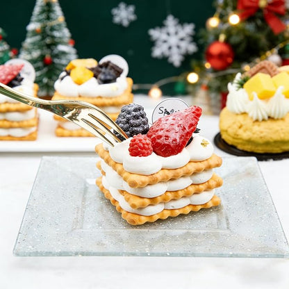 supernal 200pcs Square Plastic Dessert Plates-100pcs Gold Dessert Forks,100pcs 6inch ClearDessert Plates,cocktail plates, Clear Appetizer Plates for Pary Birthday Afternoon tea