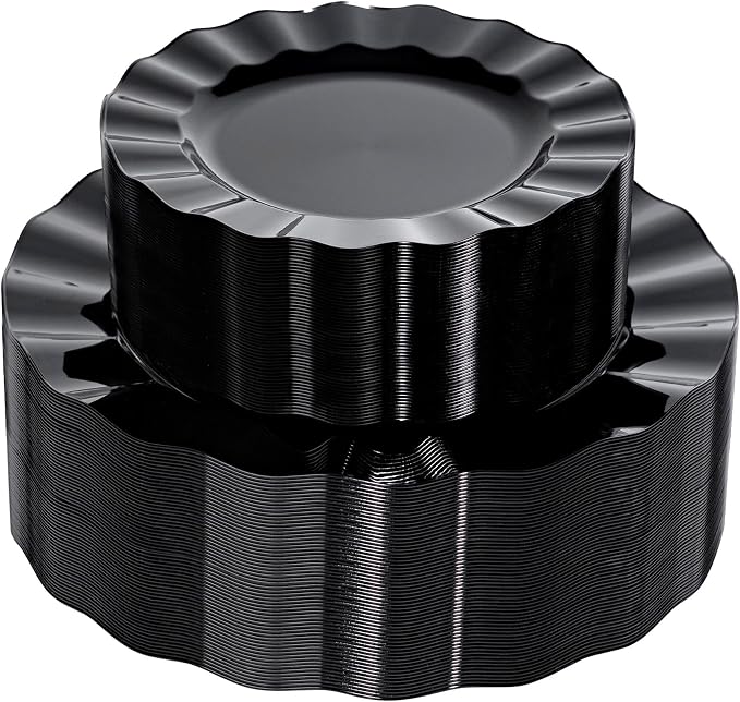 120PCS Black Plastic Plates, Wavy Plates | Heavy Duty Disposable Party Plates by QualQuot
