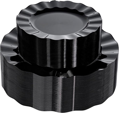 120PCS Black Plastic Plates, Wavy Plates | Heavy Duty Disposable Party Plates by QualQuot