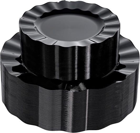 120PCS Black Plastic Plates, Wavy Plates | Heavy Duty Disposable Party Plates by QualQuot