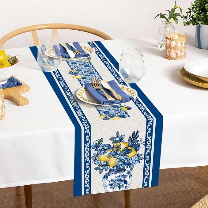Summer Amalfi Coast Lemon Floral Table Runner Flowers Burlap Table Runners - Image 7