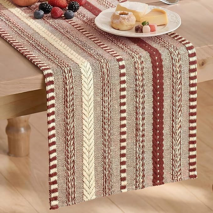 Artoid Mode Red Farmhouse Stripe Braided Table Runner 12x72 Inch | Holiday by ArtoidMode
