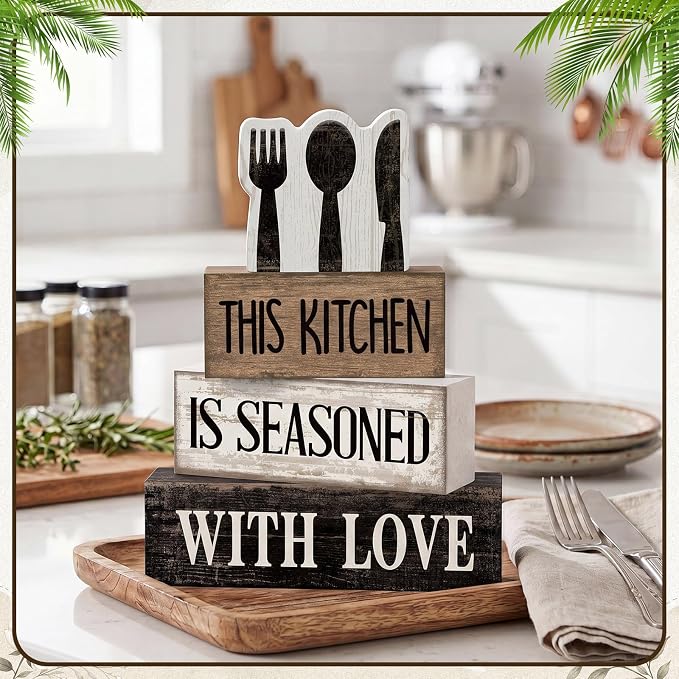 Moucuny 4 Pcs Farmhouse Kitchen Decor Rustic Spoon Fork Knife Wooden Stacked - Image 2