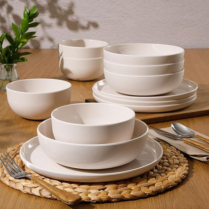 Gibson Home Candy Skies 12 Piece Unbreakable Wheat Straw Melamine Plates and Bowls Dinnerware Set - Outdoor, Camping, & Everyday Use - Matte Exterior/Shiny Interior Taupe Cream