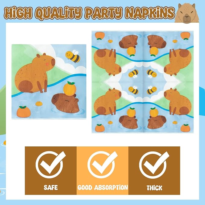 96Pcs Capybara Cute Cartoon Animal Orange Party Plates Supplies Tableware - Image 4