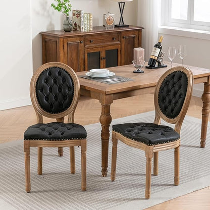 Vintage French Dining Chairs Set of 2, Round Back PU Leather Upholstered Side Chairs with Nailhead Trim and Solid Wood Frame, Sillas de Comedor for Dining Room & Kitchen, Black