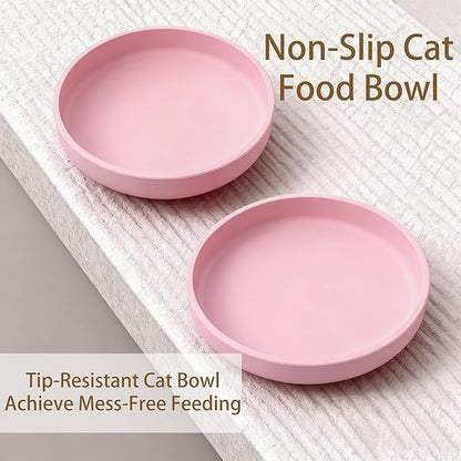 2 Pcs Silicone Cat Bowls Non-Slip Cat Dish for Dry & Wet Food Shallow Relief Whisker Fatigue Pet Bowl Set for Cats Small Dogs, Pink