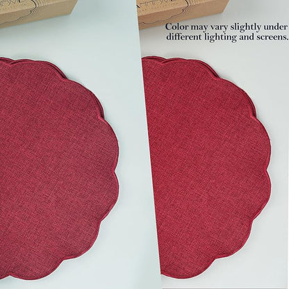 AHHFSMEI Round Faux Linen Placemats Set of 6 Waterproof Table Mats Heat Resistant Non-Slip and Stain Proof for Kitchen Dining Elegant Decor (Burgendy red,6)