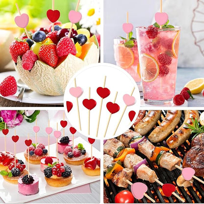 120 PCS Pink Love Heart Shaped Cocktail Picks, 4.7Inch Bamboo Fancy Toothpicks for Appetizers, Cocktail Skewers Sticks Selected for Weddings, Valentines Day, Desserts, Charcuterie, Food, Drinks