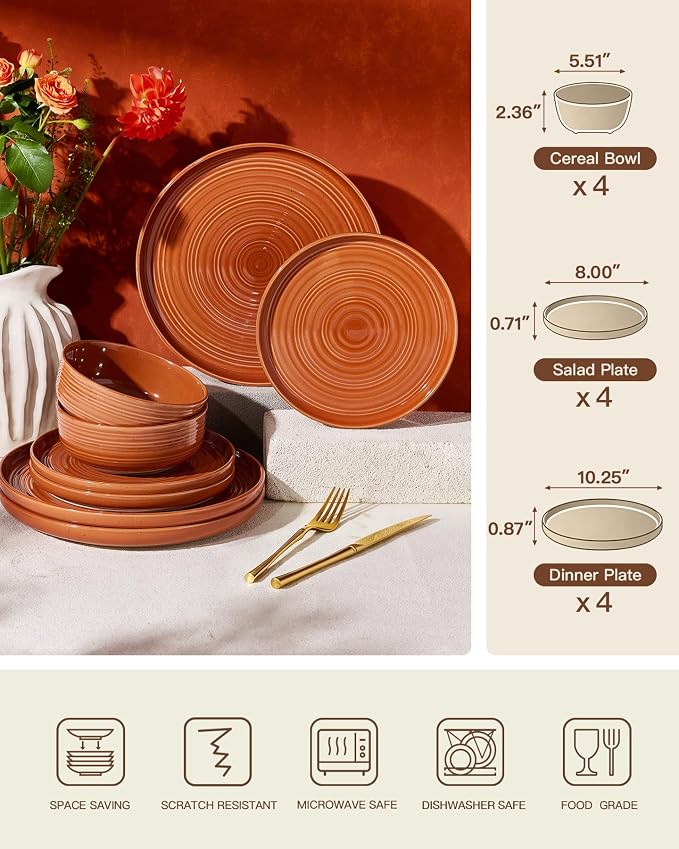 Dinnerware Set for 4, Ceramic Plates and Bowls, Terracotta | 12-Piece Ceramic - Image 6