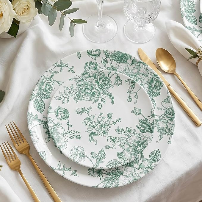 Efavormart 10-Pack French Toile Plastic Dessert Plates – Sage Green & White - Image 3
