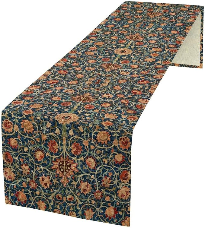 William Morris Table Runner, Boho Rustic Ethnic Flower Original Design Print by Yearn+Jear