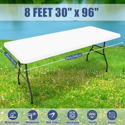 Spandex 8 Foot Rectangle Table Cloth 2 Pack, Elastic Fitted Tablecloths for Picnic, Stretch Washable Patio Table Cover for Outdoor, Camping, Banquet and Parties (White, 30"x96")