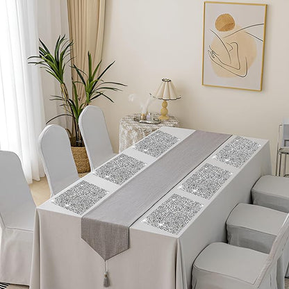 Silver Heat Resistant Square Placemats - Set of 12 with Rhinestone Decor and Sparkly Bling