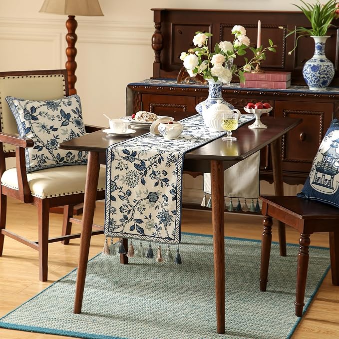 bilin gaier Designer French Linen Long Table Runner, Floral Pattern, Dining - Image 3