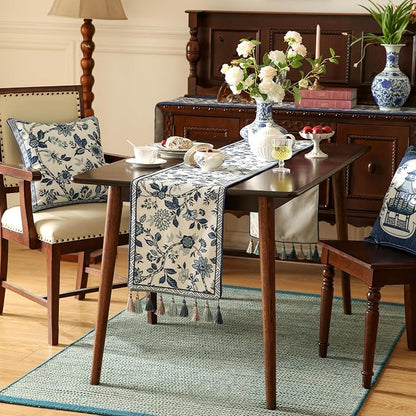 bilin gaier Designer French Linen Long Table Runner, Floral Pattern, Dining - Image 3