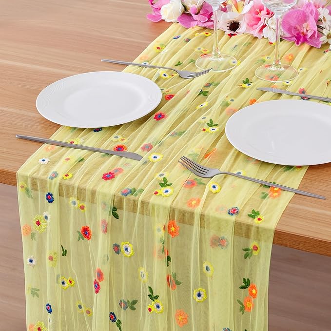 BINBE 12pcs Daisy Spring Table Runner Embroidery Gauze 10FT Florals Seasonal by BINBE