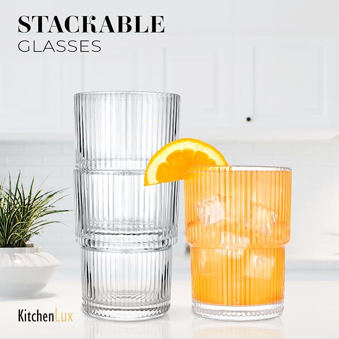 Kitchen Lux Ribbed Glass Cups 15oz Lowball Short Rocks Glass | Stackable Ribbed - Image 4