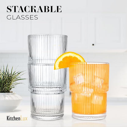 Kitchen Lux Ribbed Glass Cups 15oz Lowball Short Rocks Glass | Stackable Ribbed - Image 4