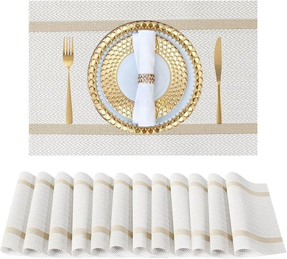 FAVE Placemats Set of 12 White Placemat Woven with Golden Thread Vinyl Placemats for Wedding, Banquet, Birthday, Party, Restaurant Decorations(White, 12"x18"-12PCS)