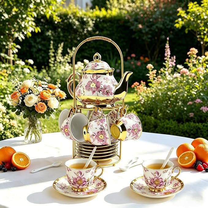 20 Pcs Porcelain Tea Set with Metal Holder, 700ml/23oz European Ceramic Tea Set - Image 8