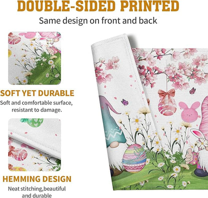 Easter Gnomes Bunny Placemats Set of 4 Easter Eggs Flowers Place Mat 12x18 Inch Seasonal Spring Farmhouse Washable Linen Table Mats for Party Kitchen Dining Outdoor Indoor Decor